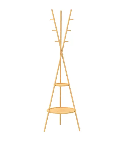 Perchero de Pie de Bambú Perchero para Ropa con 2 Estantes y 9 Ganchos Diseño Elegante 58,5x58,5x176 cm Natural