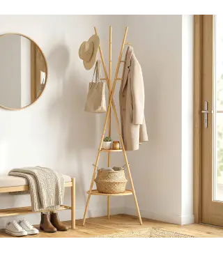 Perchero de Pie de Bambú Perchero para Ropa con 2 Estantes y 9 Ganchos Diseño Elegante 58,5x58,5x176 cm Natural