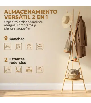 Perchero de Pie de Bambú Perchero para Ropa con 2 Estantes y 9 Ganchos Diseño Elegante 58,5x58,5x176 cm Natural