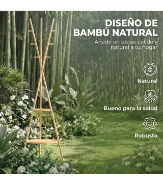 Perchero de Pie de Bambú Perchero para Ropa con 2 Estantes y 9 Ganchos Diseño Elegante 58,5x58,5x176 cm Natural