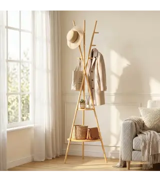 Perchero de Pie de Bambú Perchero para Ropa con 2 Estantes y 9 Ganchos Diseño Elegante 58,5x58,5x176 cm Natural