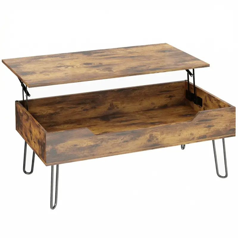Mesa de Centro con Tapa Elevable Compartimento Oculto Patas de Acero 95x50x40 cm Marrón Rústico