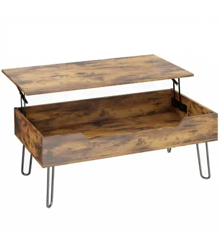Mesa de Centro con Tapa Elevable Compartimento Oculto Patas de Acero 95x50x40 cm Marrón Rústico