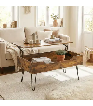 Mesa de Centro con Tapa Elevable Compartimento Oculto Patas de Acero 95x50x40 cm Marrón Rústico