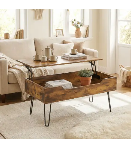 Mesa de Centro con Tapa Elevable Compartimento Oculto Patas de Acero 95x50x40 cm Marrón Rústico