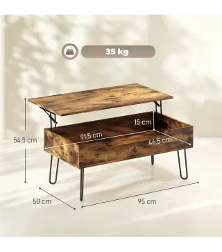 Mesa de Centro con Tapa Elevable Compartimento Oculto Patas de Acero 95x50x40 cm Marrón Rústico
