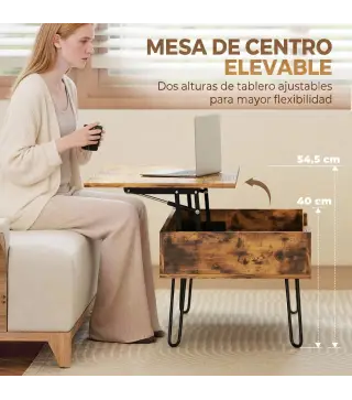 Mesa de Centro con Tapa Elevable Compartimento Oculto Patas de Acero 95x50x40 cm Marrón Rústico