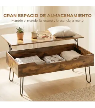 Mesa de Centro con Tapa Elevable Compartimento Oculto Patas de Acero 95x50x40 cm Marrón Rústico