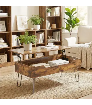 Mesa de Centro con Tapa Elevable Compartimento Oculto Patas de Acero 95x50x40 cm Marrón Rústico