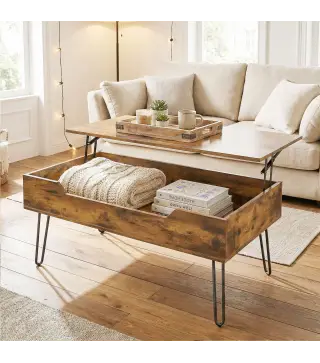 Mesa de Centro con Tapa Elevable Compartimento Oculto Patas de Acero 95x50x40 cm Marrón Rústico