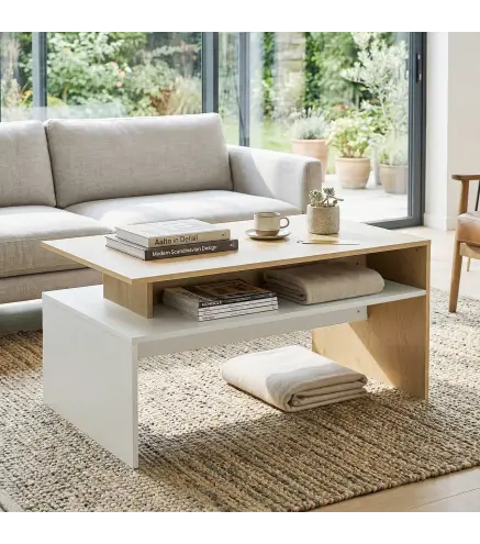 Mesa baja para Salón con Compartimento para Salón Sala de Estar 95x55x50 cm Natural y Blanco