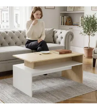 Mesa baja para Salón con Compartimento para Salón Sala de Estar 95x55x50 cm Natural y Blanco