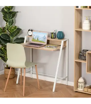 Escritorio Mesa de Ordenador 84x45x85cm con Encimera de Madera y Patas de Metal Estilo Moderno para Oficina Roble
