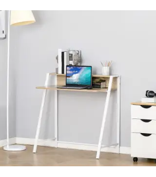 Escritorio Mesa de Ordenador 84x45x85cm con Encimera de Madera y Patas de Metal Estilo Moderno para Oficina Roble