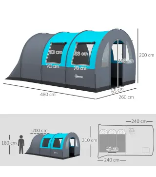 Tienda de Campaña Plegable para 3 Personas con 2 Habitaciones y Bolsa de Transporte Impermeable 480x260x200 cm Gris