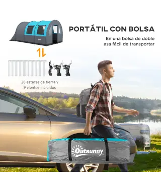 Tienda de Campaña Plegable para 3 Personas con 2 Habitaciones y Bolsa de Transporte Impermeable 480x260x200 cm Gris