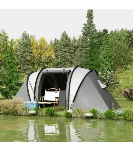 Tienda de Camping Familiar para 4-5 Personas con 2 Habitaciones Separadas Puertas y Ventanas 450x220x180 cm Gris