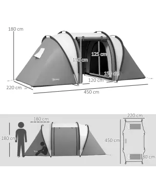 Tienda de Camping Familiar para 4-5 Personas con 2 Habitaciones Separadas Puertas y Ventanas 450x220x180 cm Gris