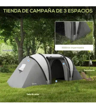 Tienda de Camping Familiar para 4-5 Personas con 2 Habitaciones Separadas Puertas y Ventanas 450x220x180 cm Gris
