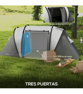 Tienda de Camping Familiar para 4-5 Personas con 2 Habitaciones Separadas Puertas y Ventanas 450x220x180 cm Gris