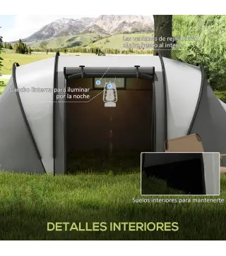 Tienda de Camping Familiar para 4-5 Personas con 2 Habitaciones Separadas Puertas y Ventanas 450x220x180 cm Gris