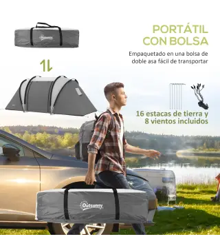 Tienda de Camping Familiar para 4-5 Personas con 2 Habitaciones Separadas Puertas y Ventanas 450x220x180 cm Gris