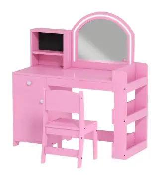 Tocador de Maquillaje Niña Tocador Infantil con Taburete y Espejo con Luces LED 1 Cajón Armario y 5 Estantes Rosa