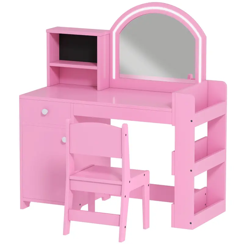Tocador de Maquillaje Niña Tocador Infantil con Taburete y Espejo con Luces LED 1 Cajón Armario y 5 Estantes Rosa