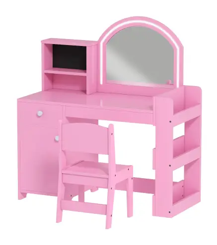 Tocador de Maquillaje Niña Tocador Infantil con Taburete y Espejo con Luces LED 1 Cajón Armario y 5 Estantes Rosa