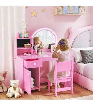 Tocador de Maquillaje Niña Tocador Infantil con Taburete y Espejo con Luces LED 1 Cajón Armario y 5 Estantes Rosa
