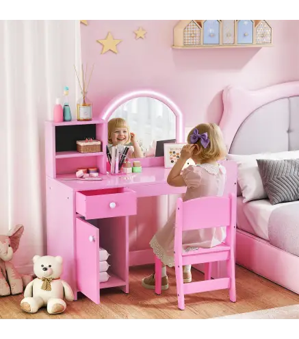Tocador de Maquillaje Niña Tocador Infantil con Taburete y Espejo con Luces LED 1 Cajón Armario y 5 Estantes Rosa