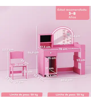 Tocador de Maquillaje Niña Tocador Infantil con Taburete y Espejo con Luces LED 1 Cajón Armario y 5 Estantes Rosa