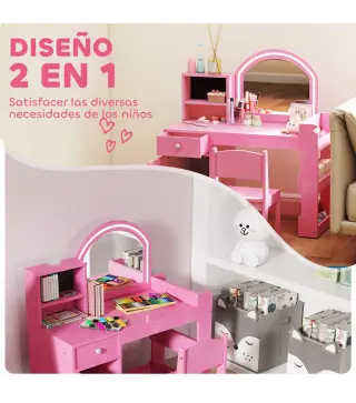 Tocador de Maquillaje Niña Tocador Infantil con Taburete y Espejo con Luces LED 1 Cajón Armario y 5 Estantes Rosa