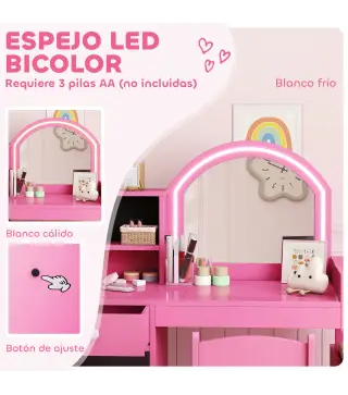 Tocador de Maquillaje Niña Tocador Infantil con Taburete y Espejo con Luces LED 1 Cajón Armario y 5 Estantes Rosa