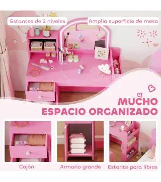 Tocador de Maquillaje Niña Tocador Infantil con Taburete y Espejo con Luces LED 1 Cajón Armario y 5 Estantes Rosa