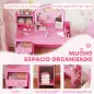 Tocador de Maquillaje Niña Tocador Infantil con Taburete y Espejo con Luces LED 1 Cajón Armario y 5 Estantes Rosa