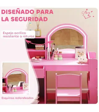 Tocador de Maquillaje Niña Tocador Infantil con Taburete y Espejo con Luces LED 1 Cajón Armario y 5 Estantes Rosa