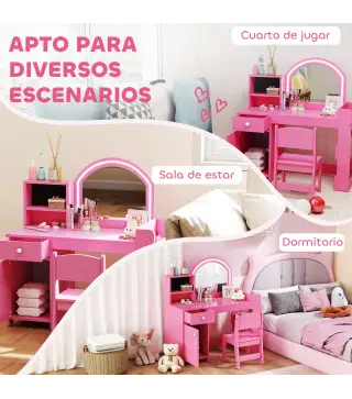 Tocador de Maquillaje Niña Tocador Infantil con Taburete y Espejo con Luces LED 1 Cajón Armario y 5 Estantes Rosa
