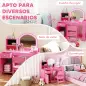 Tocador de Maquillaje Niña Tocador Infantil con Taburete y Espejo con Luces LED 1 Cajón Armario y 5 Estantes Rosa