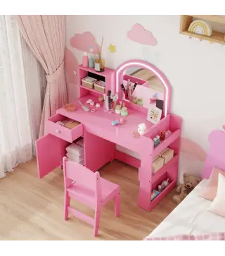 Tocador de Maquillaje Niña Tocador Infantil con Taburete y Espejo con Luces LED 1 Cajón Armario y 5 Estantes Rosa