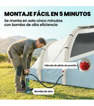 Tienda Campaña Inflable 2-3 Personas con Bomba Dormitorio y Zona de Estar Impermeable 3000 mm Montaje Rápido Azul Claro