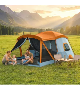 Tienda de Campaña Familiar Tipo Túnel para 4 Personas con 2 Habitaciones Puertas Tragaluces Impermeable Fácil Montaje