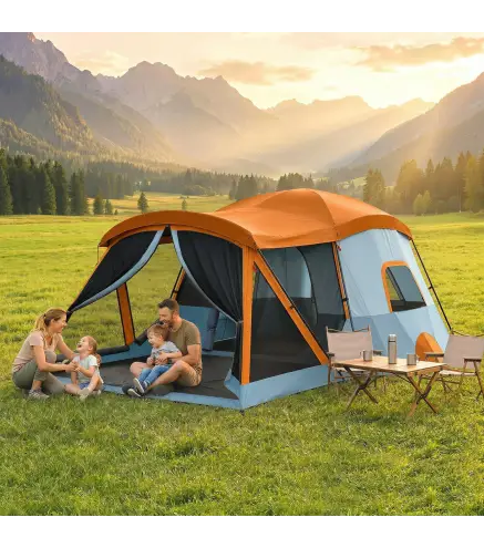 Tienda de Campaña Familiar Tipo Túnel para 4 Personas con 2 Habitaciones Puertas Tragaluces Impermeable Fácil Montaje