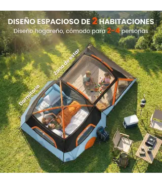 Tienda de Campaña Familiar Tipo Túnel para 4 Personas con 2 Habitaciones Puertas Tragaluces Impermeable Fácil Montaje