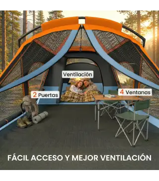 Tienda de Campaña Familiar Tipo Túnel para 4 Personas con 2 Habitaciones Puertas Tragaluces Impermeable Fácil Montaje