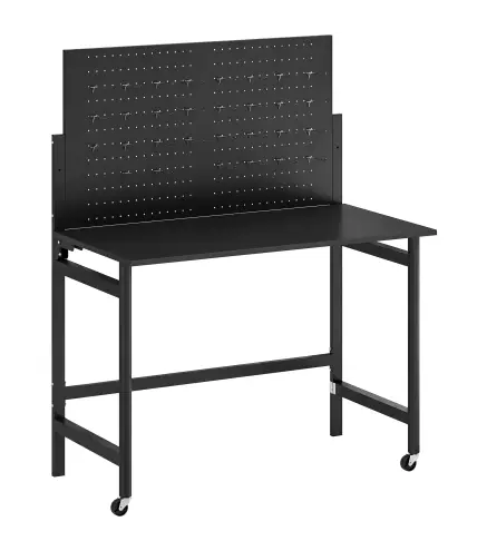 Banco de Trabajo con Tablero Perforado Mesa de Trabajo Plegable con Ruedas Marco de Acero Ganchos Negro
