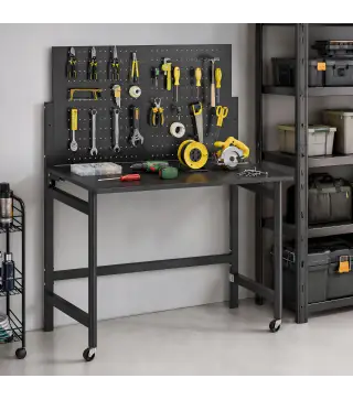Banco de Trabajo con Tablero Perforado Mesa de Trabajo Plegable con Ruedas Marco de Acero Ganchos Negro