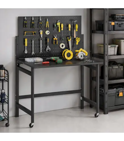 Banco de Trabajo con Tablero Perforado Mesa de Trabajo Plegable con Ruedas Marco de Acero Ganchos Negro