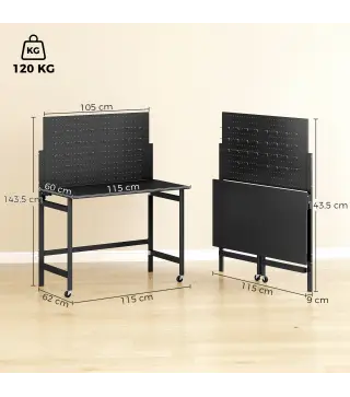 Banco de Trabajo con Tablero Perforado Mesa de Trabajo Plegable con Ruedas Marco de Acero Ganchos Negro