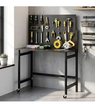 Banco de Trabajo con Tablero Perforado Mesa de Trabajo Plegable con Ruedas Marco de Acero Ganchos Negro